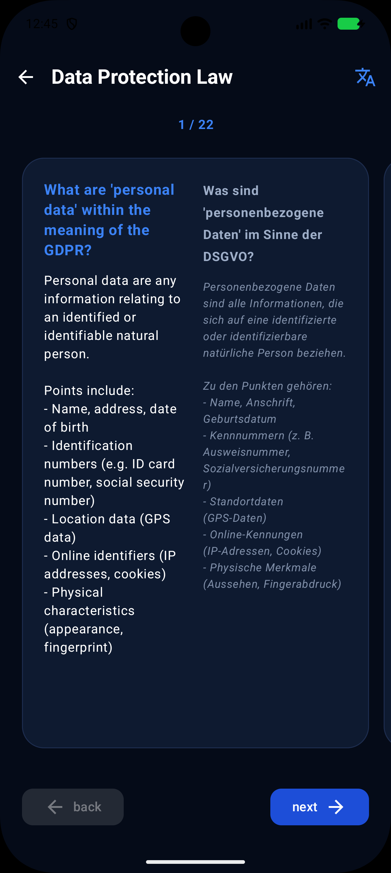 34A Training App — Quiz-Ansicht